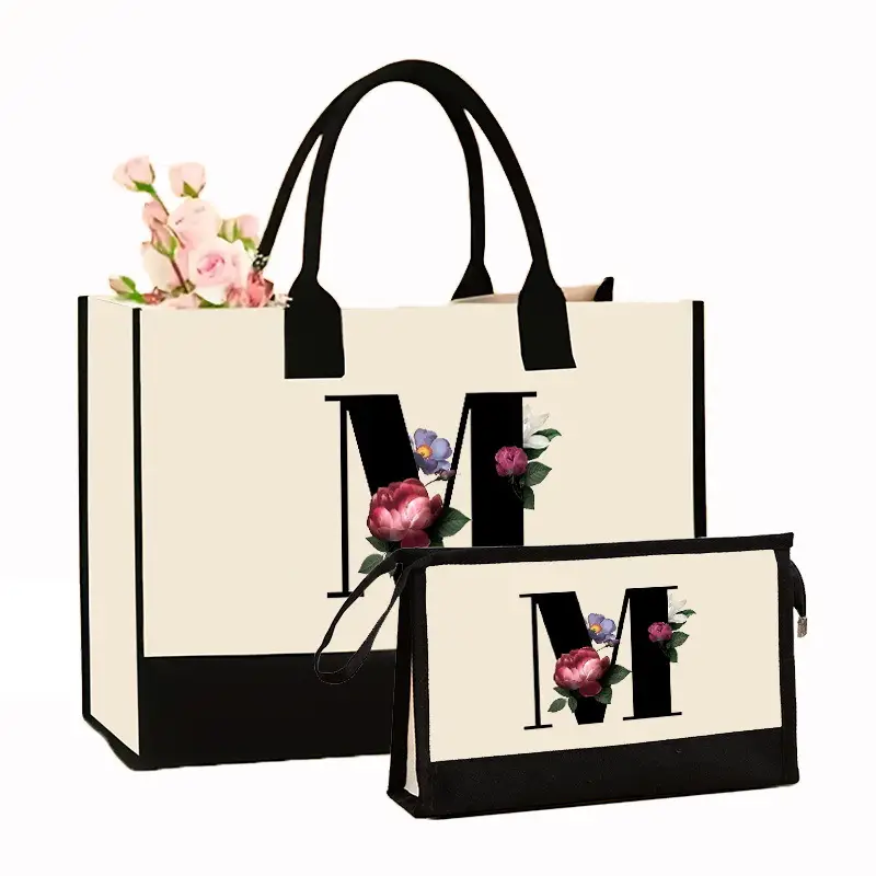 Canvas Shoulder Bag & Cosmetic Case Set Yellow - Image 19