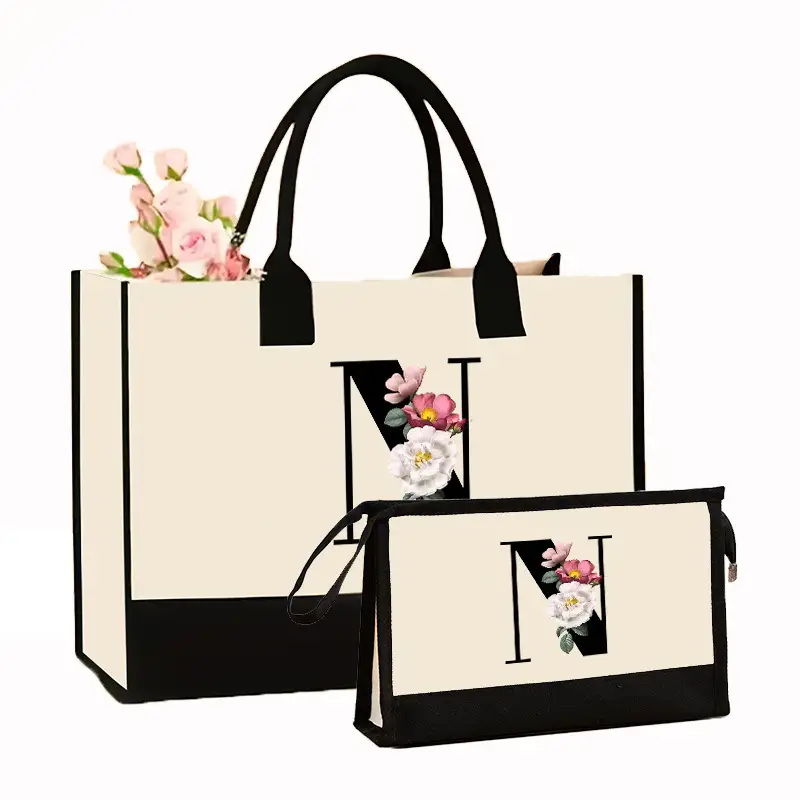 Canvas Shoulder Bag & Cosmetic Case Set Yellow - Image 20