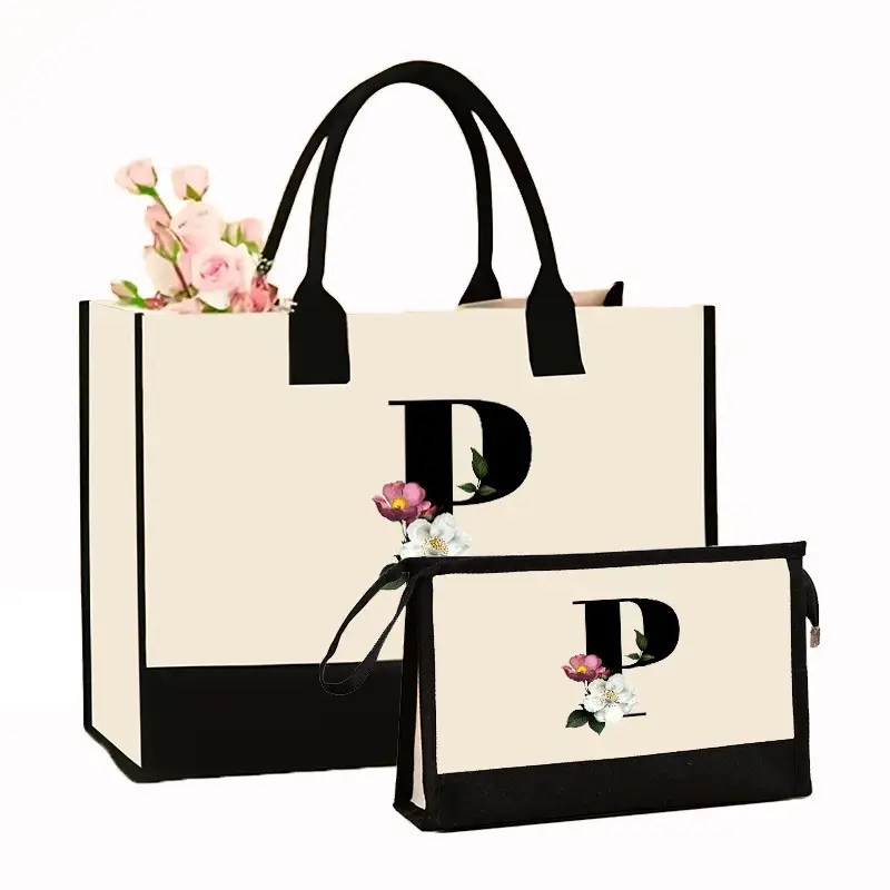 Canvas Shoulder Bag & Cosmetic Case Set Yellow - Image 22