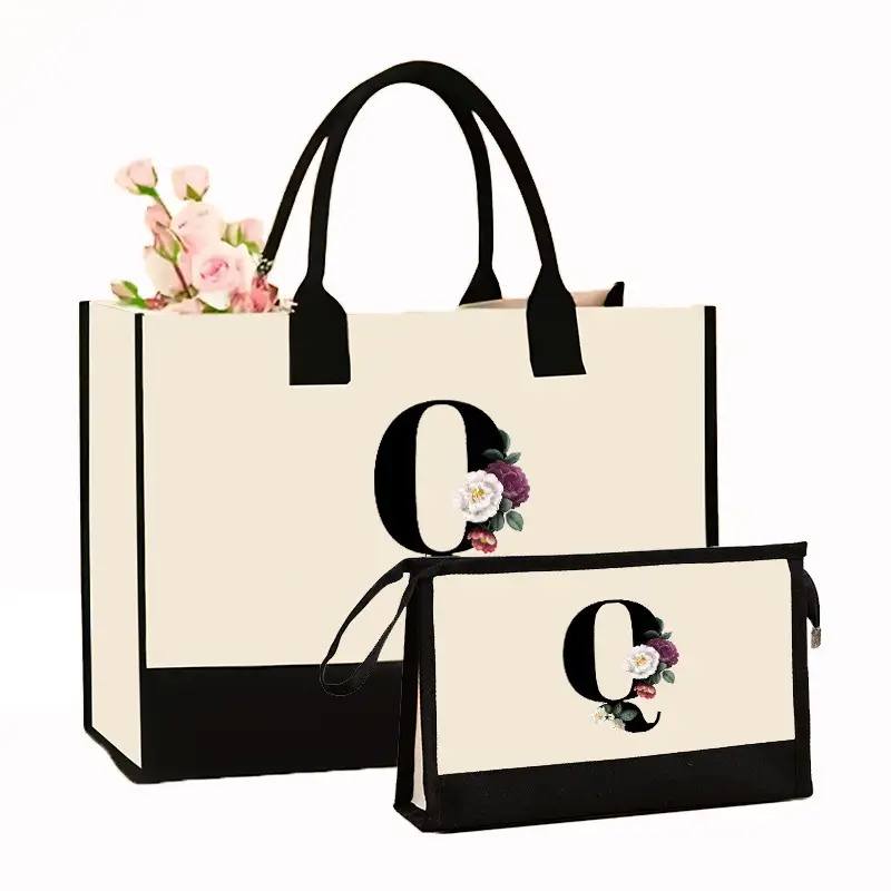 Canvas Shoulder Bag & Cosmetic Case Set Yellow - Image 23