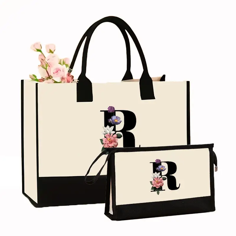Canvas Shoulder Bag & Cosmetic Case Set Yellow - Image 24