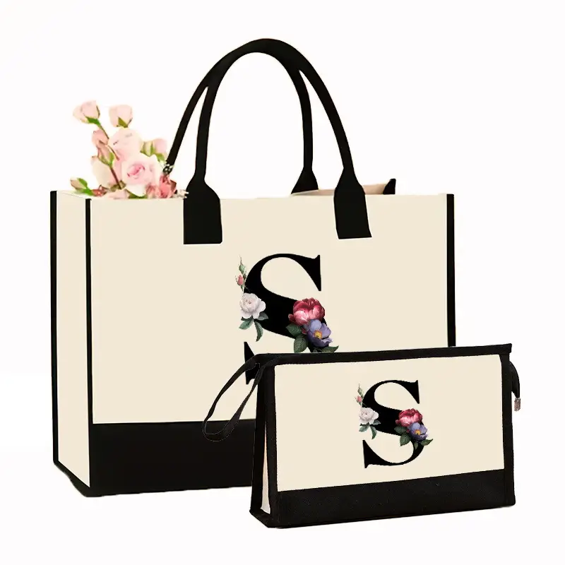 Canvas Shoulder Bag & Cosmetic Case Set Yellow - Image 25