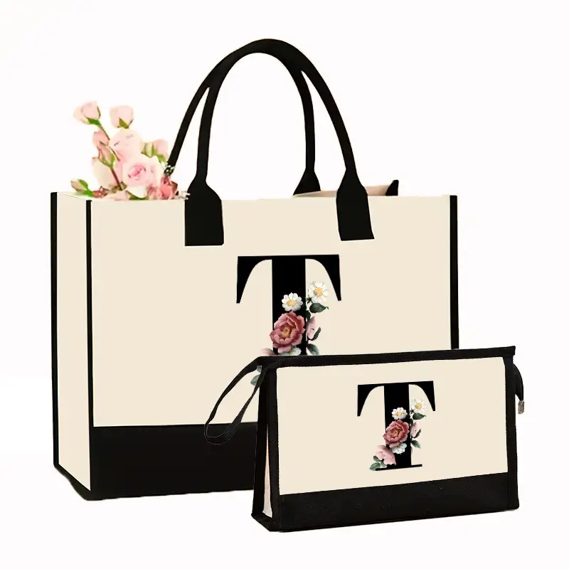 Canvas Shoulder Bag & Cosmetic Case Set Yellow - Image 26