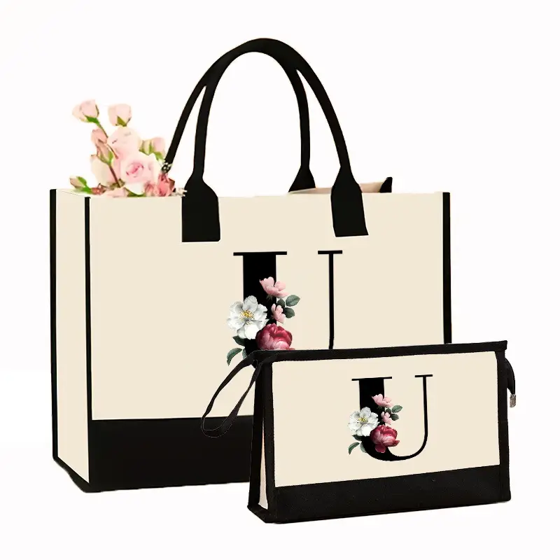 Canvas Shoulder Bag & Cosmetic Case Set Yellow - Image 27