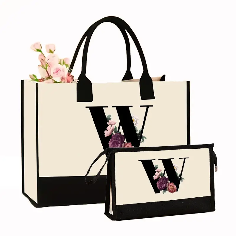 Canvas Shoulder Bag & Cosmetic Case Set Yellow - Image 29