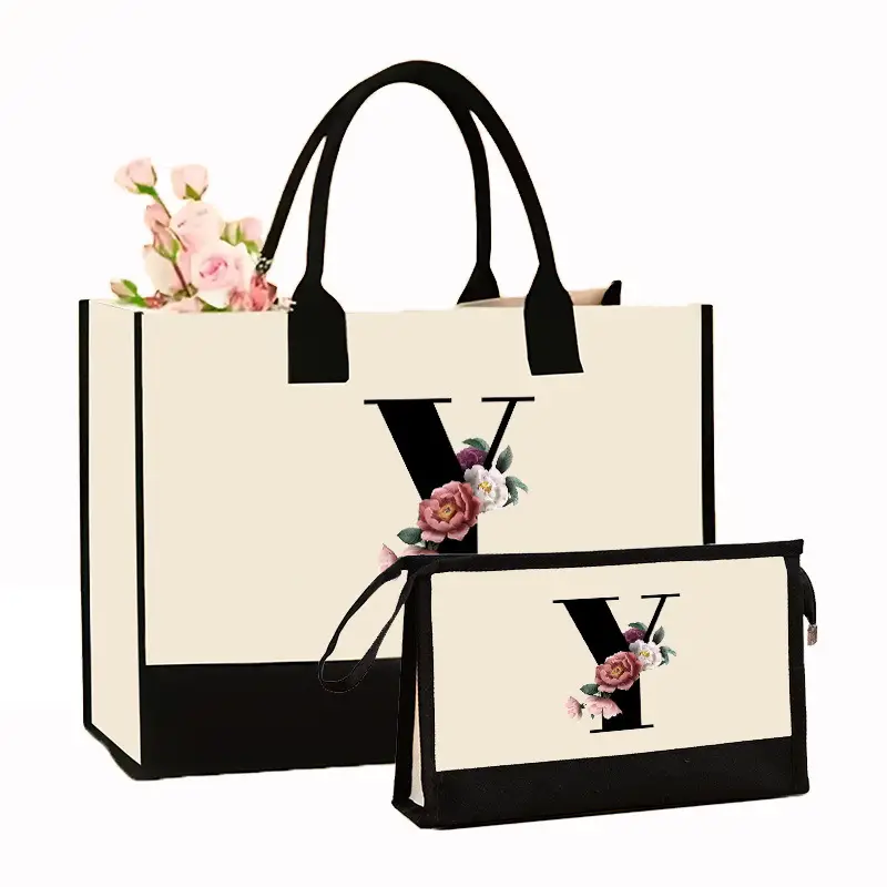 Canvas Shoulder Bag & Cosmetic Case Set Yellow - Image 31