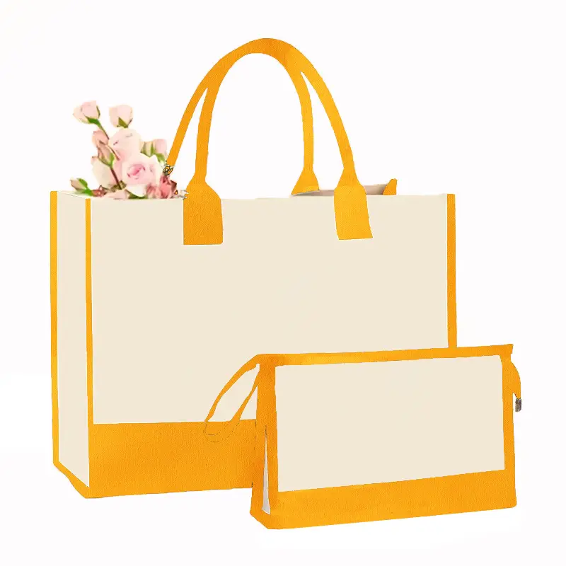 Canvas Shoulder Bag & Cosmetic Case Set Yellow - Image 6