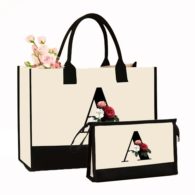 Canvas Shoulder Bag & Cosmetic Case Set Yellow - Image 7
