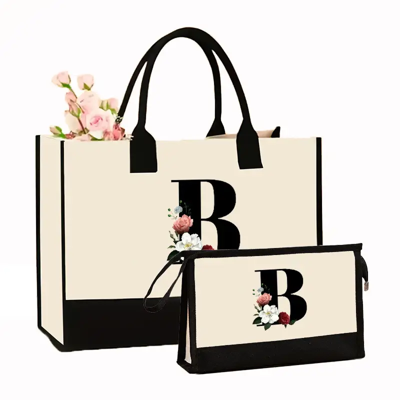 Canvas Shoulder Bag & Cosmetic Case Set Yellow - Image 8