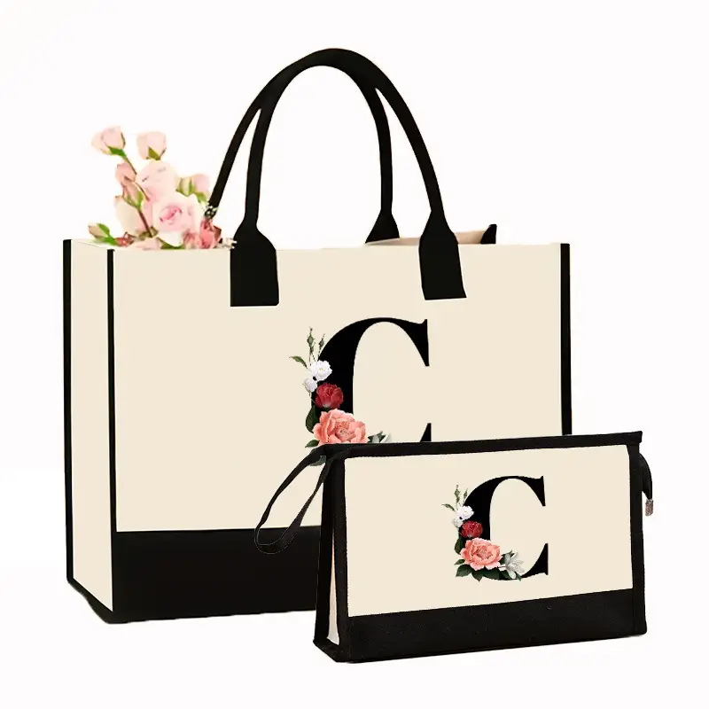 Canvas Shoulder Bag & Cosmetic Case Set Yellow - Image 9