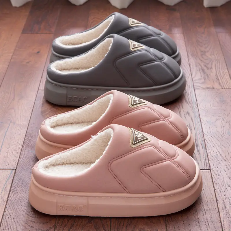 2024 Winter Fleece Lined Slippers Red Grey Female - Image 5