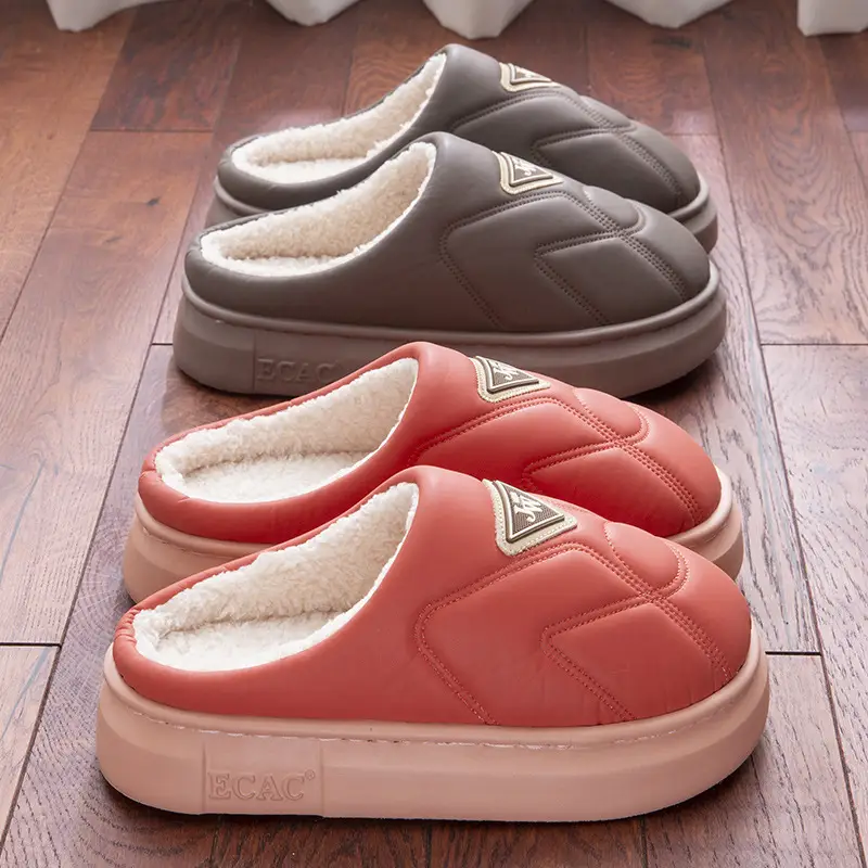 2024 Winter Fleece Lined Slippers Red Grey Female - Image 6