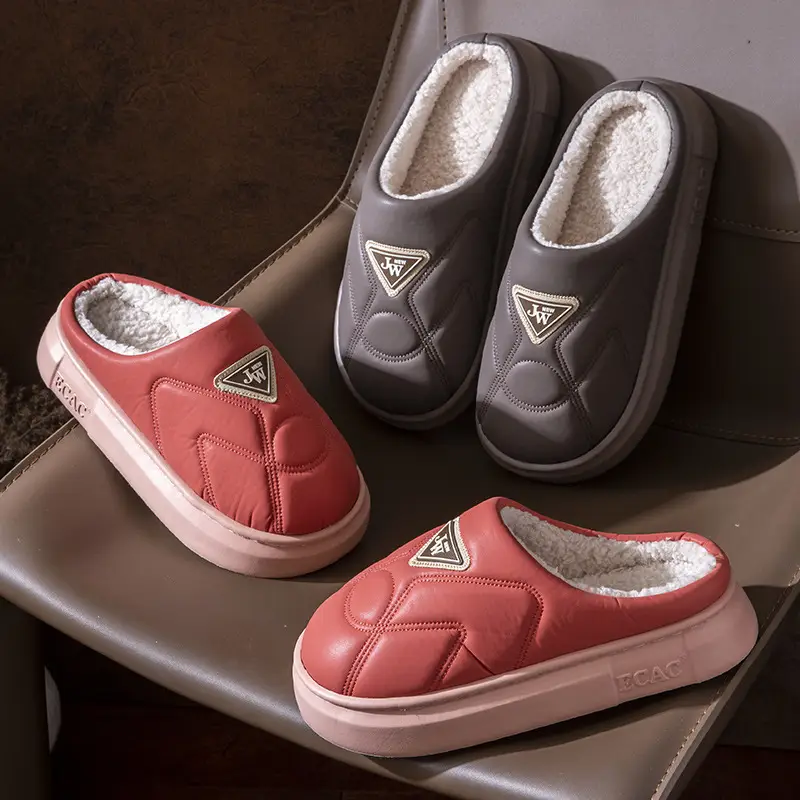 2024 Winter Fleece Lined Slippers Red Grey Female - Image 7