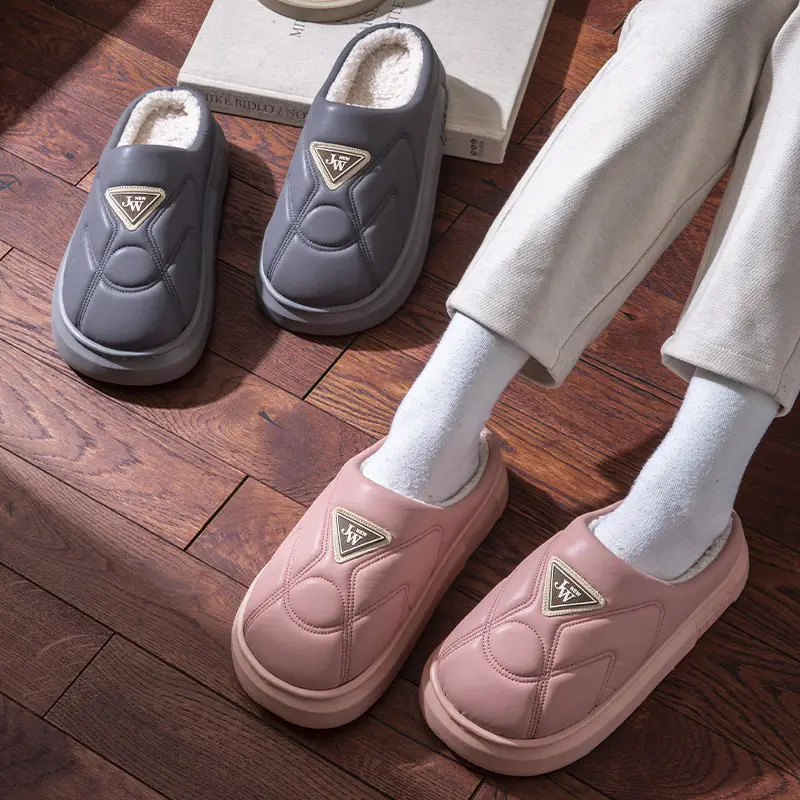 2024 Winter Fleece Lined Slippers Red Grey Female - Image 8