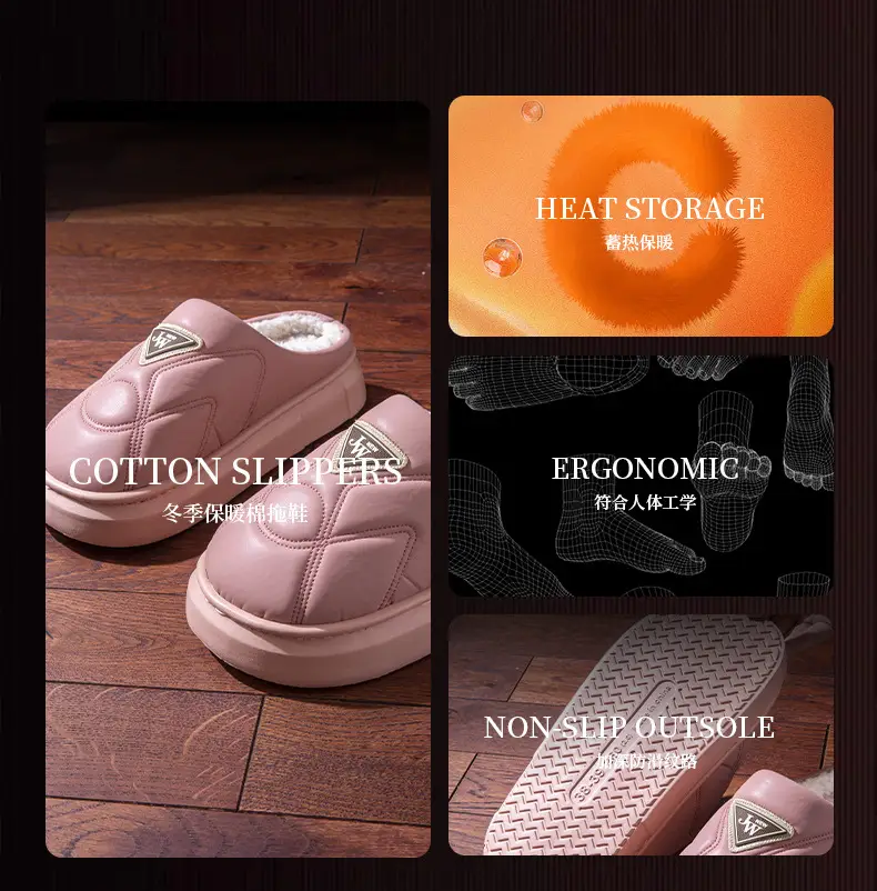 2024 Winter Fleece Lined Slippers Red Grey Female — feature 6