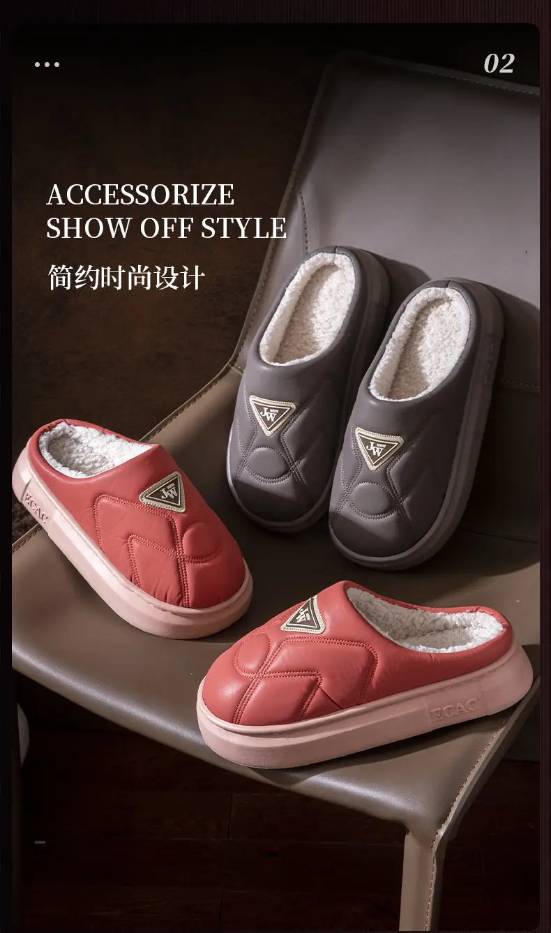 2024 Winter Fleece Lined Slippers Red Grey Female — feature 8