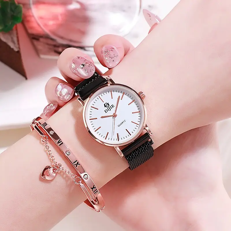 Korean Style Quartz Watch for Women Rose Gold Black Strap - Image 2