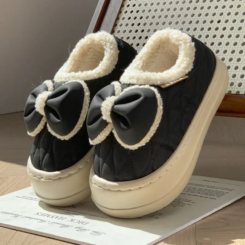 New Sweet Style Bow Cotton Shoes Women's Winter Non-Slip fleece-lined Warm All-Heeled Moon Shoes with Soft Thick Sole for Height Increase