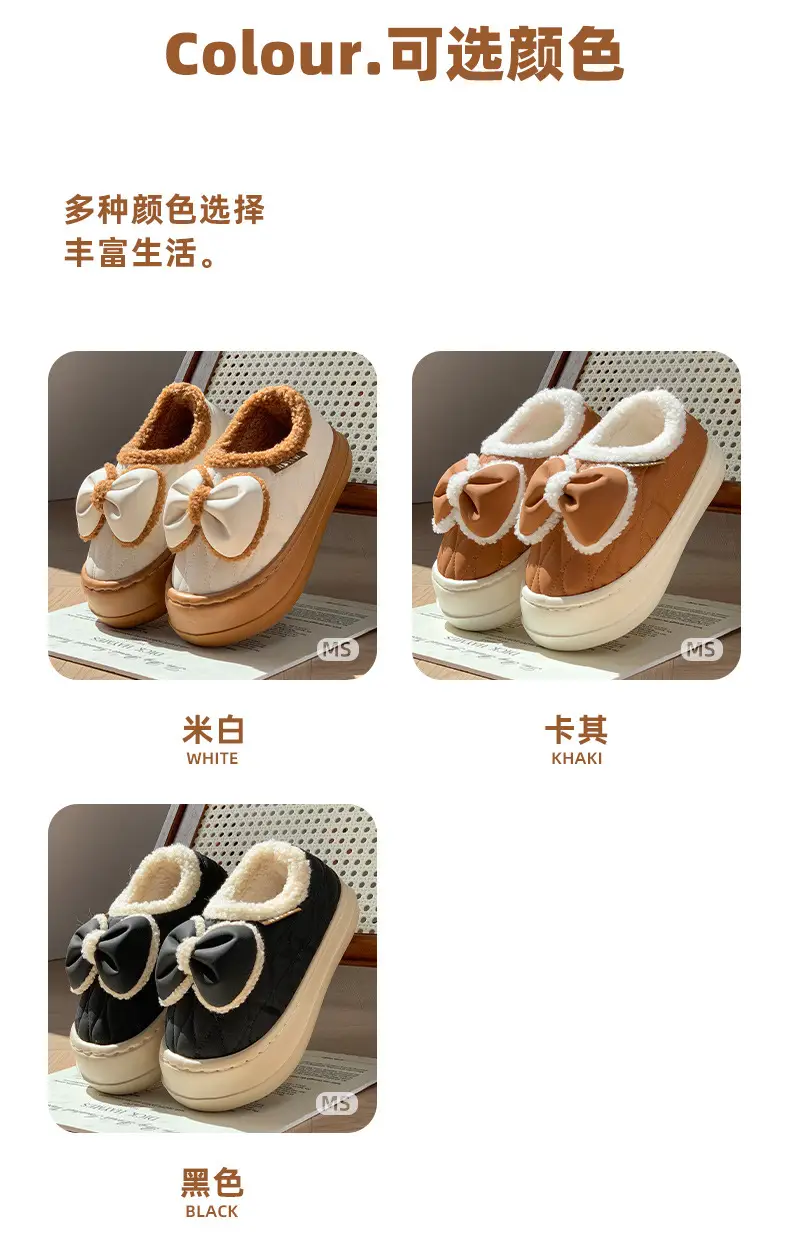 New Sweet Style Bow Cotton Shoes Women's Winter Non-Slip fleece-lined Warm All-Heeled Moon Shoes with Soft Thick Sole for Height Increase — feature 15