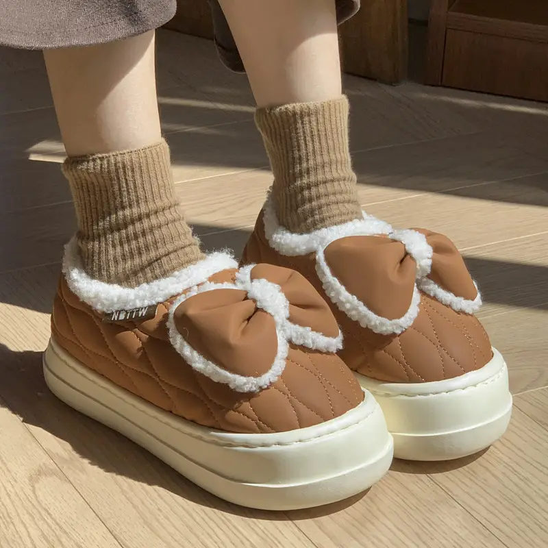 New Sweet Style Bow Cotton Shoes Women's Winter Non-Slip fleece-lined Warm All-Heeled Moon Shoes with Soft Thick Sole for Height Increase