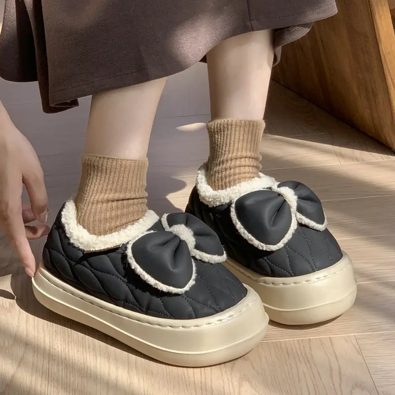New Sweet Style Bow Cotton Shoes Women's Winter Non-Slip fleece-lined Warm All-Heeled Moon Shoes with Soft Thick Sole for Height Increase