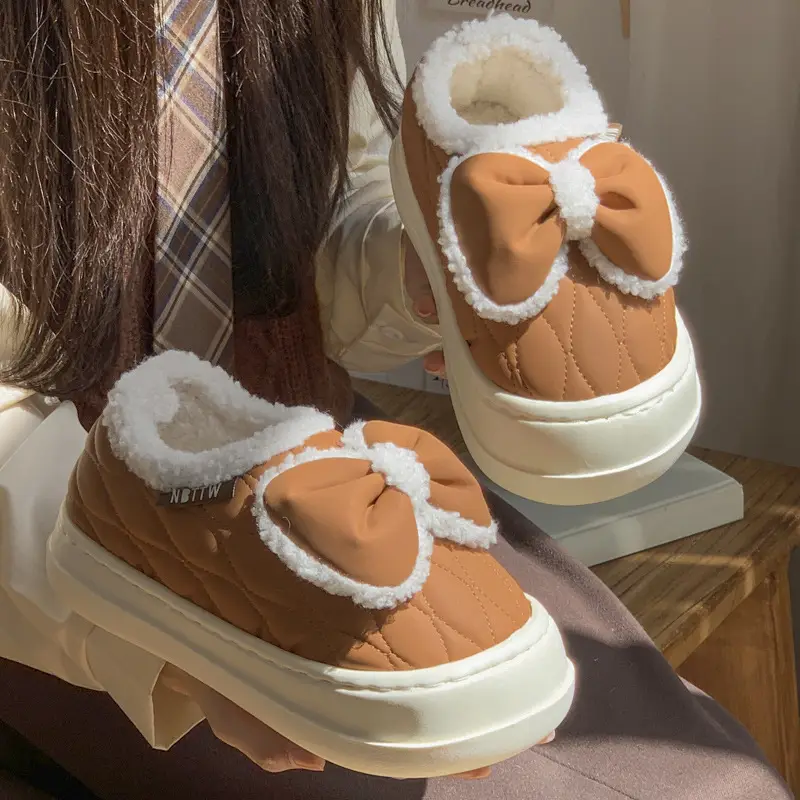 Bow-Knot Cotton Slippers for Women, Closed Heel, Winter 2025 New Style, Thick-Soled, Non-Slip, Fleece-Lined, Warm, Suitable for Outdoor Wear, Maternity Cotton Shoes - Image 6