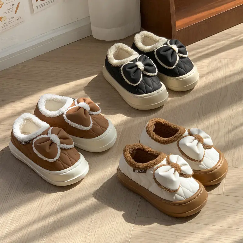 Bow-Knot Cotton Slippers for Women, Closed Heel, Winter 2025 New Style, Thick-Soled, Non-Slip, Fleece-Lined, Warm, Suitable for Outdoor Wear, Maternity Cotton Shoes - Image 7