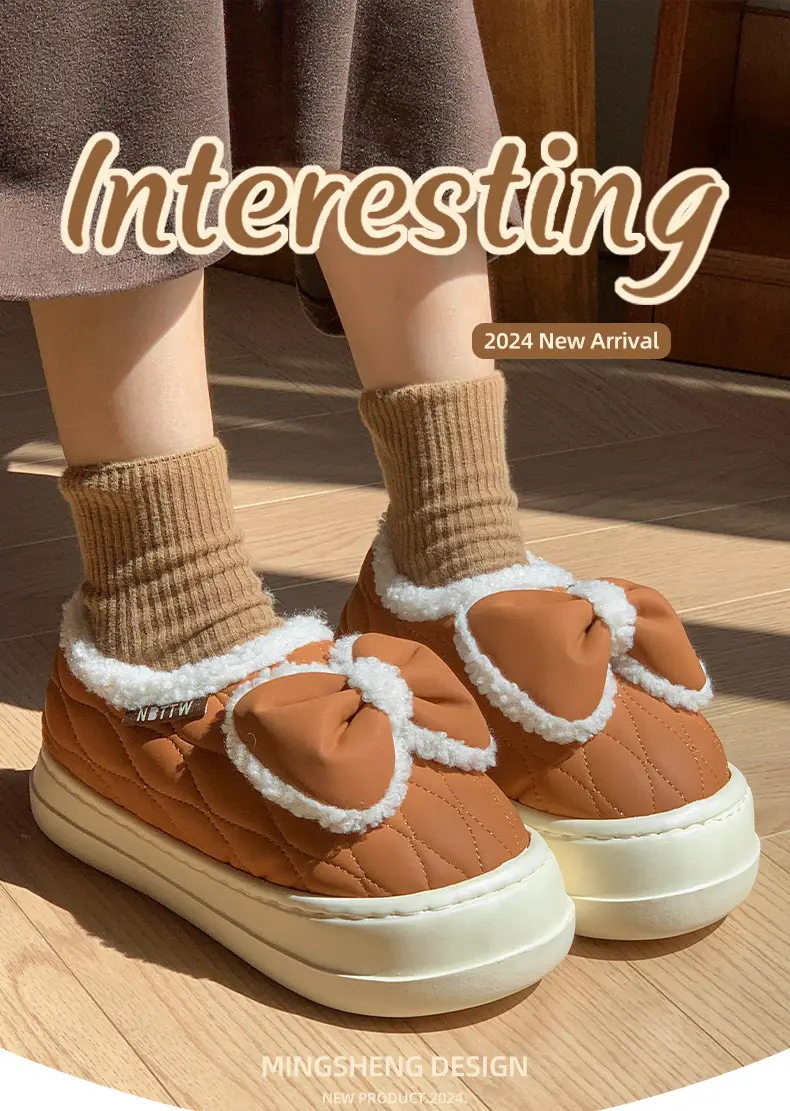 Bow-Knot Cotton Slippers for Women, Closed Heel, Winter 2025 New Style, Thick-Soled, Non-Slip, Fleece-Lined, Warm, Suitable for Outdoor Wear, Maternity Cotton Shoes — feature 1