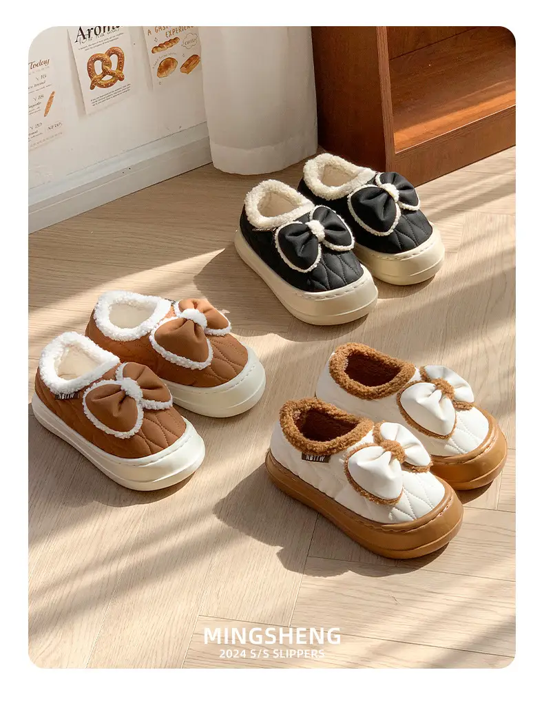 Bow-Knot Cotton Slippers for Women, Closed Heel, Winter 2025 New Style, Thick-Soled, Non-Slip, Fleece-Lined, Warm, Suitable for Outdoor Wear, Maternity Cotton Shoes — feature 10