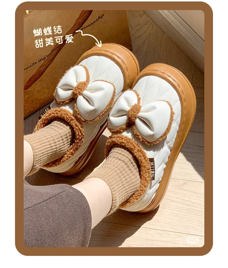 Bow-Knot Cotton Slippers for Women, Closed Heel, Winter 2025 New Style, Thick-Soled, Non-Slip, Fleece-Lined, Warm, Suitable for Outdoor Wear, Maternity Cotton Shoes — feature 3