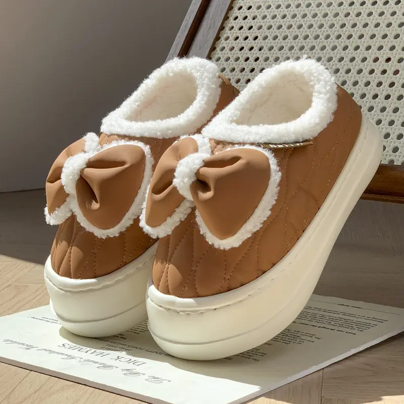 Bow-Knot Cotton Slippers for Women, Closed Heel, Winter 2025 New Style, Thick-Soled, Non-Slip, Fleece-Lined, Warm, Suitable for Outdoor Wear, Maternity Cotton Shoes - Image 2