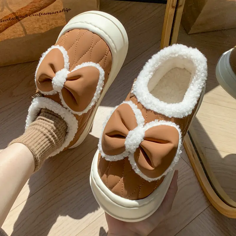 Bow cotton slippers women's winter warm fleece-lined fashion waterproof outdoor indoor home girl pericardium with cotton shoes