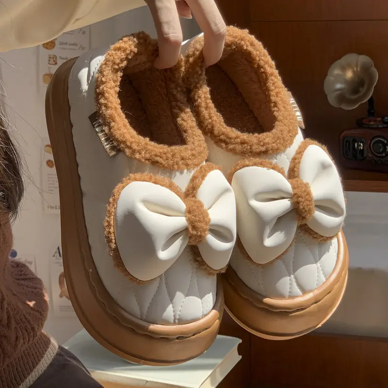 Bow cotton slippers women's winter warm fleece-lined fashion waterproof outdoor indoor home girl pericardium with cotton shoes