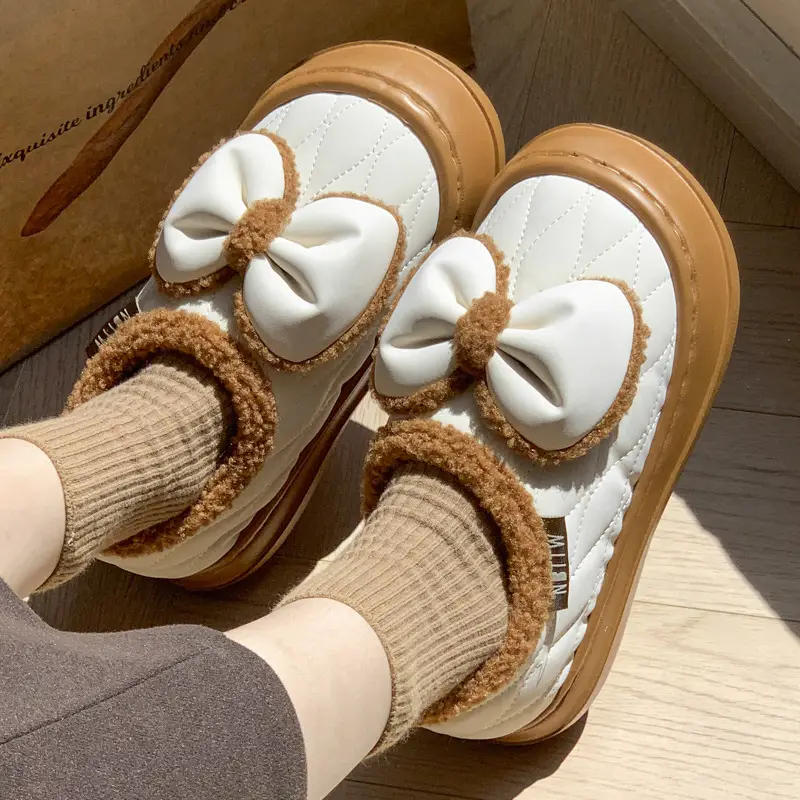 Bow cotton slippers women's winter warm fleece-lined fashion waterproof outdoor indoor home girl pericardium with cotton shoes