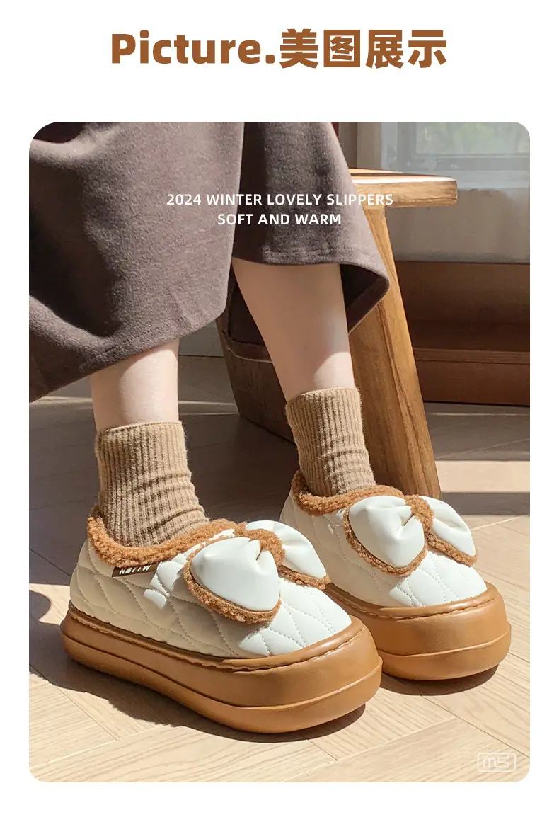 Bow cotton slippers women's winter warm fleece-lined fashion waterproof outdoor indoor home girl pericardium with cotton shoes — feature 4