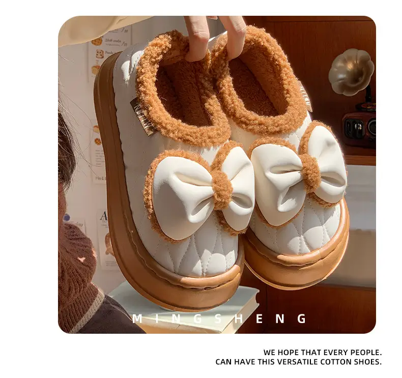Bow cotton slippers women's winter warm fleece-lined fashion waterproof outdoor indoor home girl pericardium with cotton shoes — feature 5