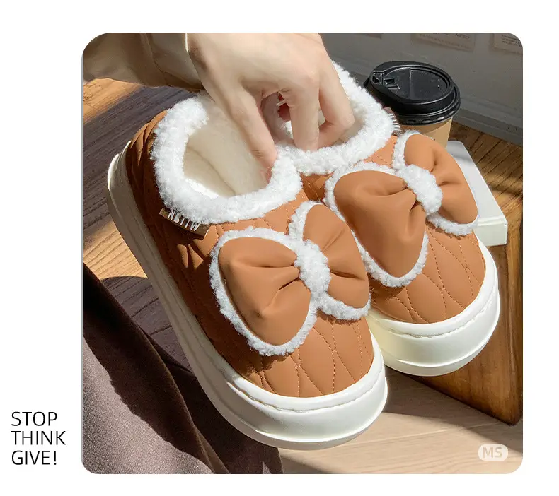 Bow cotton slippers women's winter warm fleece-lined fashion waterproof outdoor indoor home girl pericardium with cotton shoes — feature 7