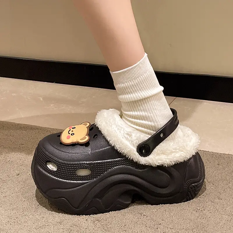 Winter Super Thick fleece-lined Thick-soled Women's High Heel Cotton Hole Shoes Cartoon Indoor and Outdoor Two-wear Slip-on Cotton Slippers