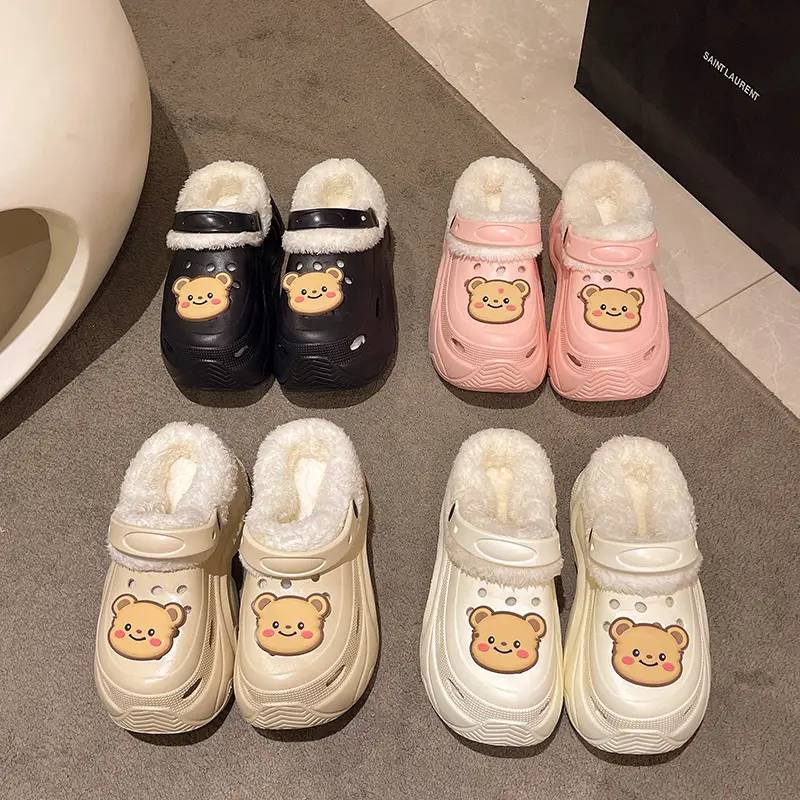 Winter Super Thick fleece-lined Thick-soled Women's High Heel Cotton Hole Shoes Cartoon Indoor and Outdoor Two-wear Slip-on Cotton Slippers