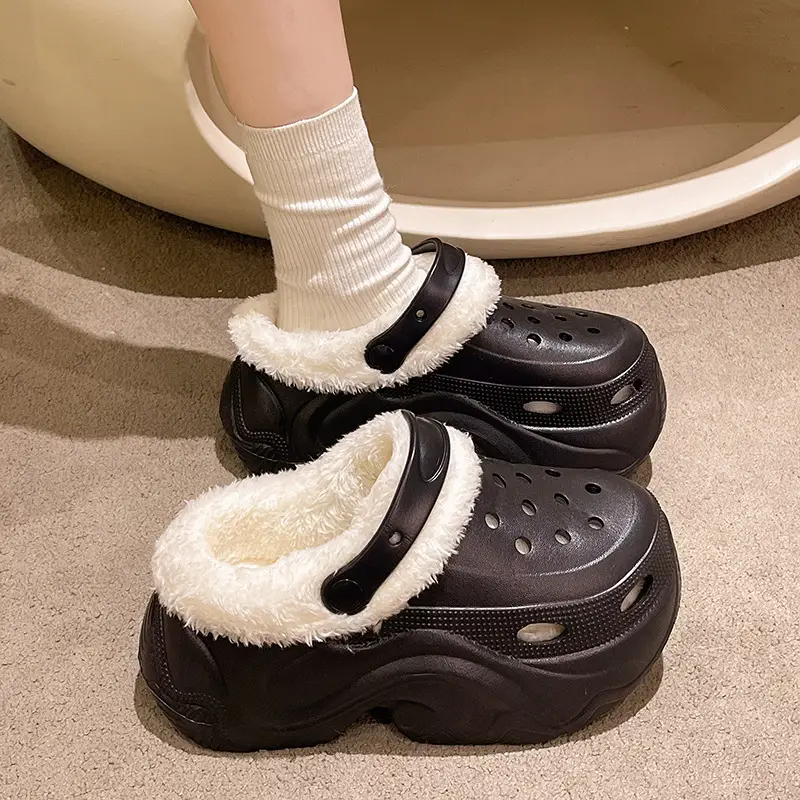 Winter Super Thick fleece-lined Thick-soled Women's High Heel Cotton Hole Shoes Cartoon Indoor and Outdoor Two-wear Slip-on Cotton Slippers