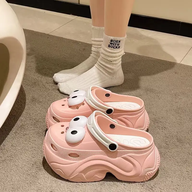 Winter Super Thick fleece-lined Thick-soled Women's High Heel Cotton Hole Shoes Cartoon Indoor and Outdoor Two-wear Slip-on Cotton Slippers