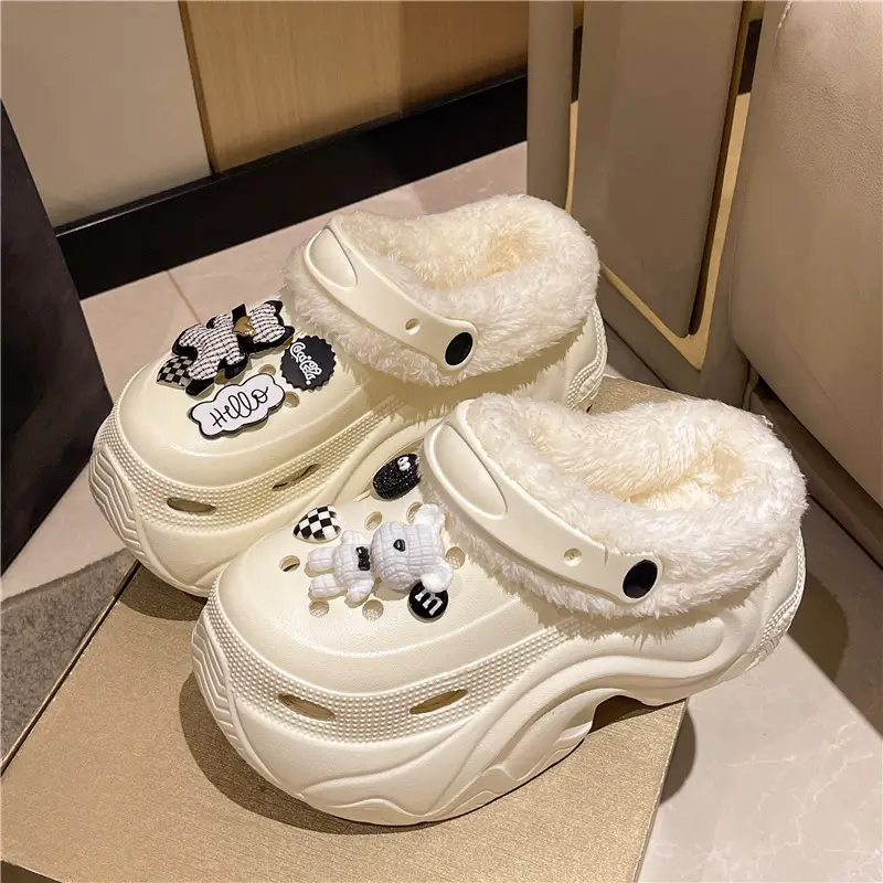 Winter Super Thick fleece-lined Thick-soled Women's High Heel Cotton Hole Shoes Cartoon Indoor and Outdoor Two-wear Slip-on Cotton Slippers