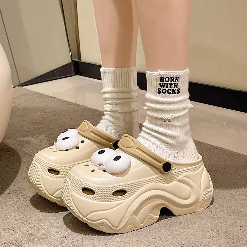 Winter Super Thick fleece-lined Thick-soled Women's High Heel Cotton Hole Shoes Cartoon Indoor and Outdoor Two-wear Slip-on Cotton Slippers