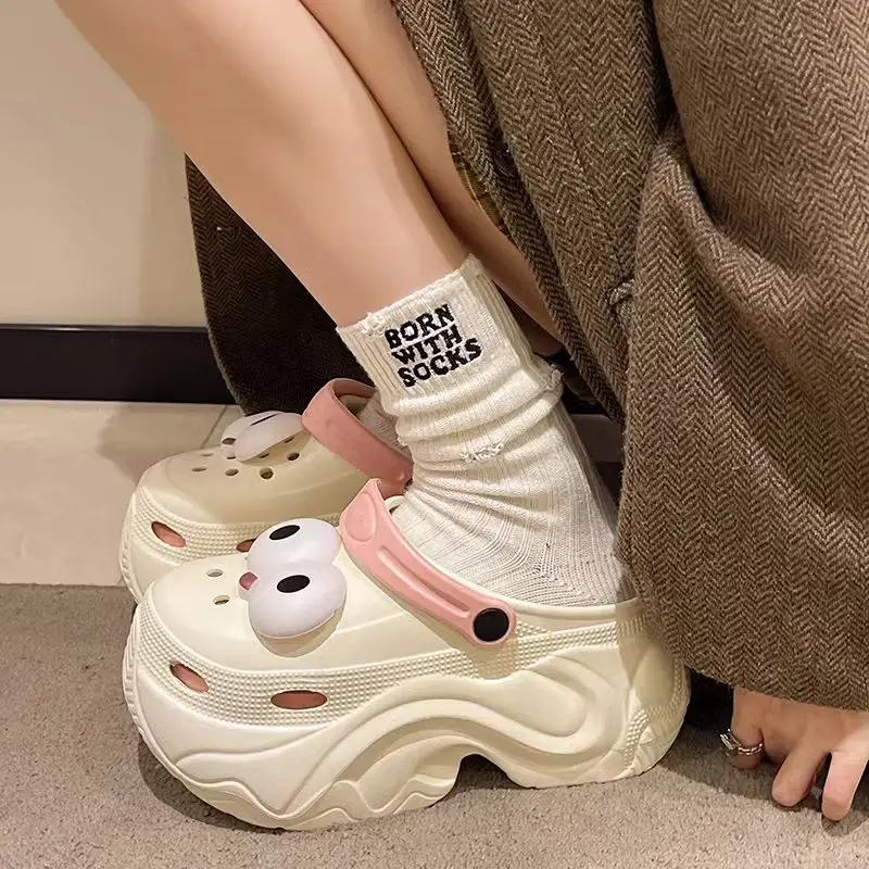 Winter Super Thick fleece-lined Thick-soled Women's High Heel Cotton Hole Shoes Cartoon Indoor and Outdoor Two-wear Slip-on Cotton Slippers