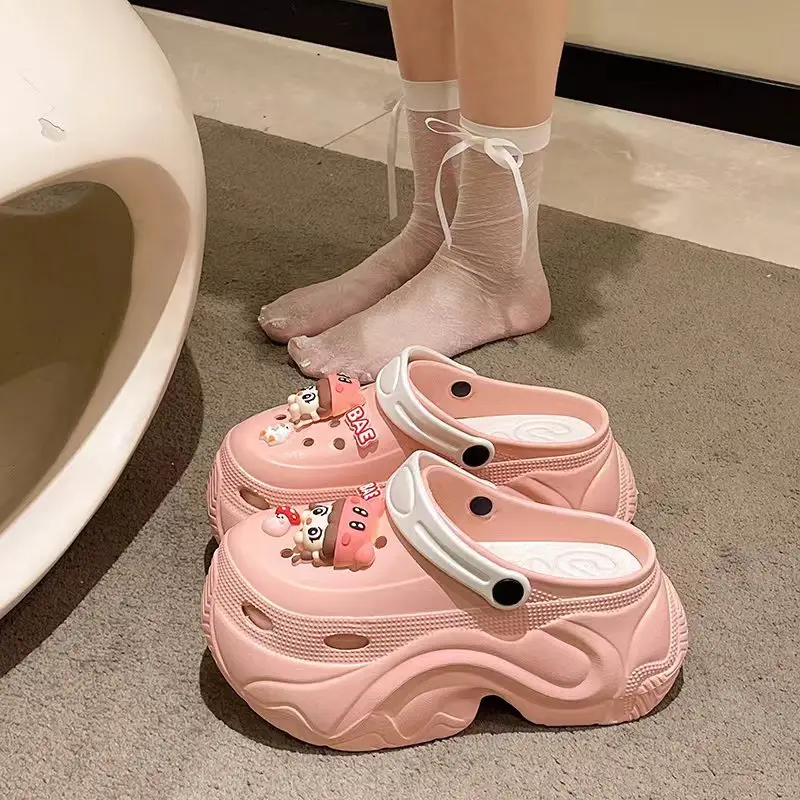 Winter Super Thick fleece-lined Thick-soled Women's High Heel Cotton Hole Shoes Cartoon Indoor and Outdoor Two-wear Slip-on Cotton Slippers