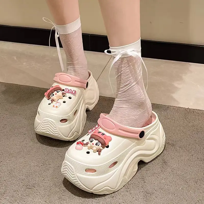 Winter Super Thick fleece-lined Thick-soled Women's High Heel Cotton Hole Shoes Cartoon Indoor and Outdoor Two-wear Slip-on Cotton Slippers