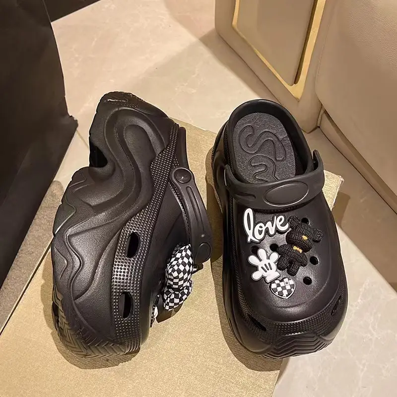 Winter Super Thick fleece-lined Thick-soled Women's High Heel Cotton Hole Shoes Cartoon Indoor and Outdoor Two-wear Slip-on Cotton Slippers