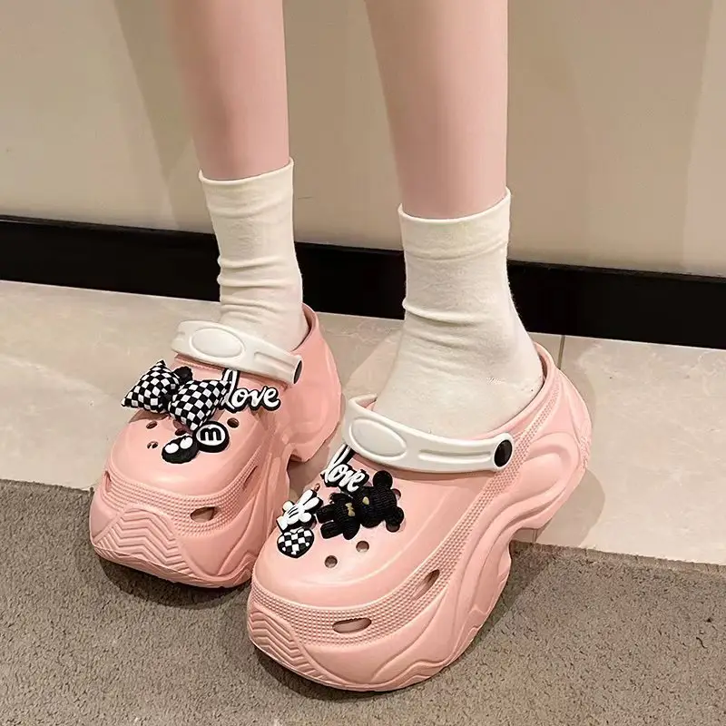 Winter Super Thick fleece-lined Thick-soled Women's High Heel Cotton Hole Shoes Cartoon Indoor and Outdoor Two-wear Slip-on Cotton Slippers