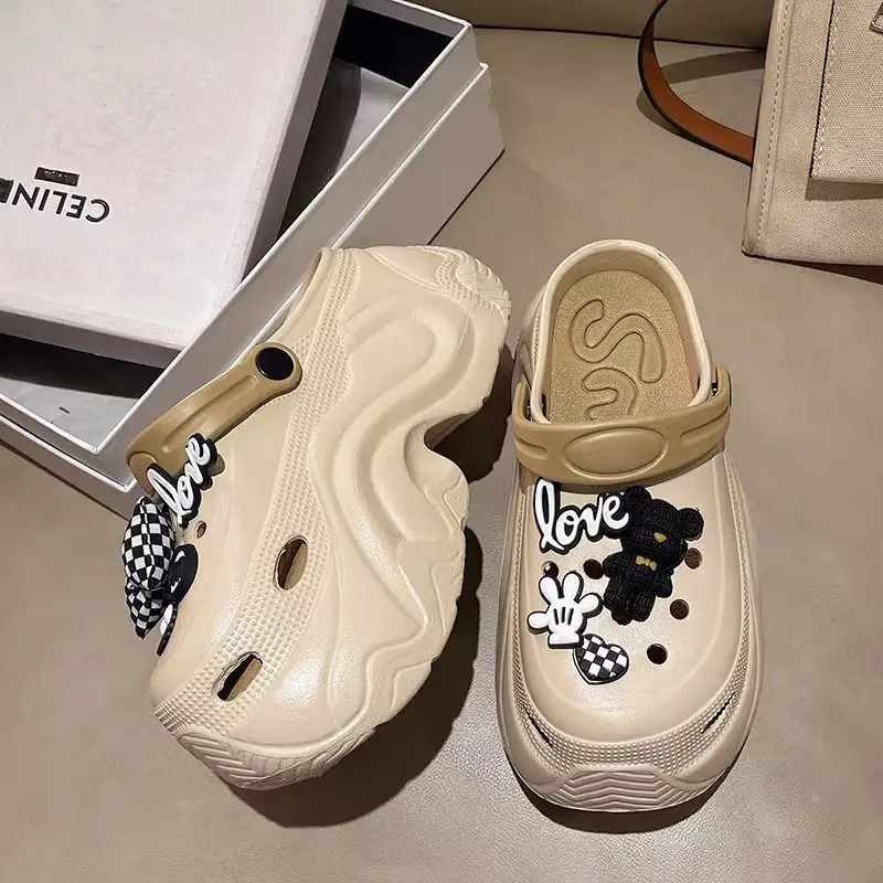 Winter Super Thick fleece-lined Thick-soled Women's High Heel Cotton Hole Shoes Cartoon Indoor and Outdoor Two-wear Slip-on Cotton Slippers