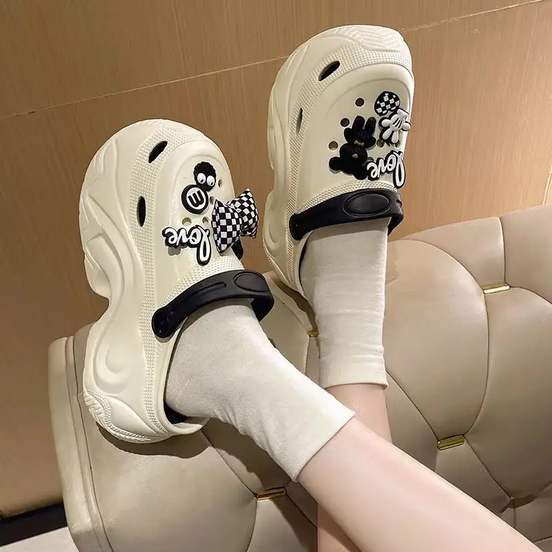 Winter Super Thick fleece-lined Thick-soled Women's High Heel Cotton Hole Shoes Cartoon Indoor and Outdoor Two-wear Slip-on Cotton Slippers